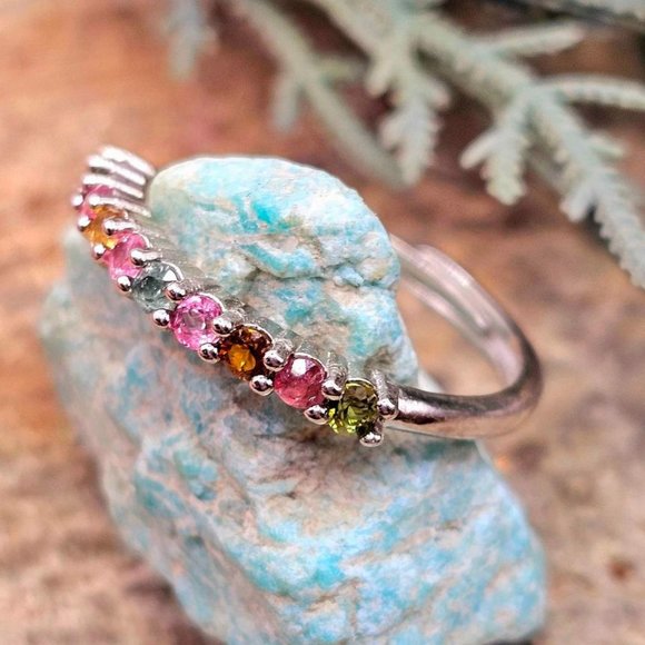 Beautiful Nature Tourmaline Gemstones Mixed Colors Adjustable Ring - Picture 7 of 10